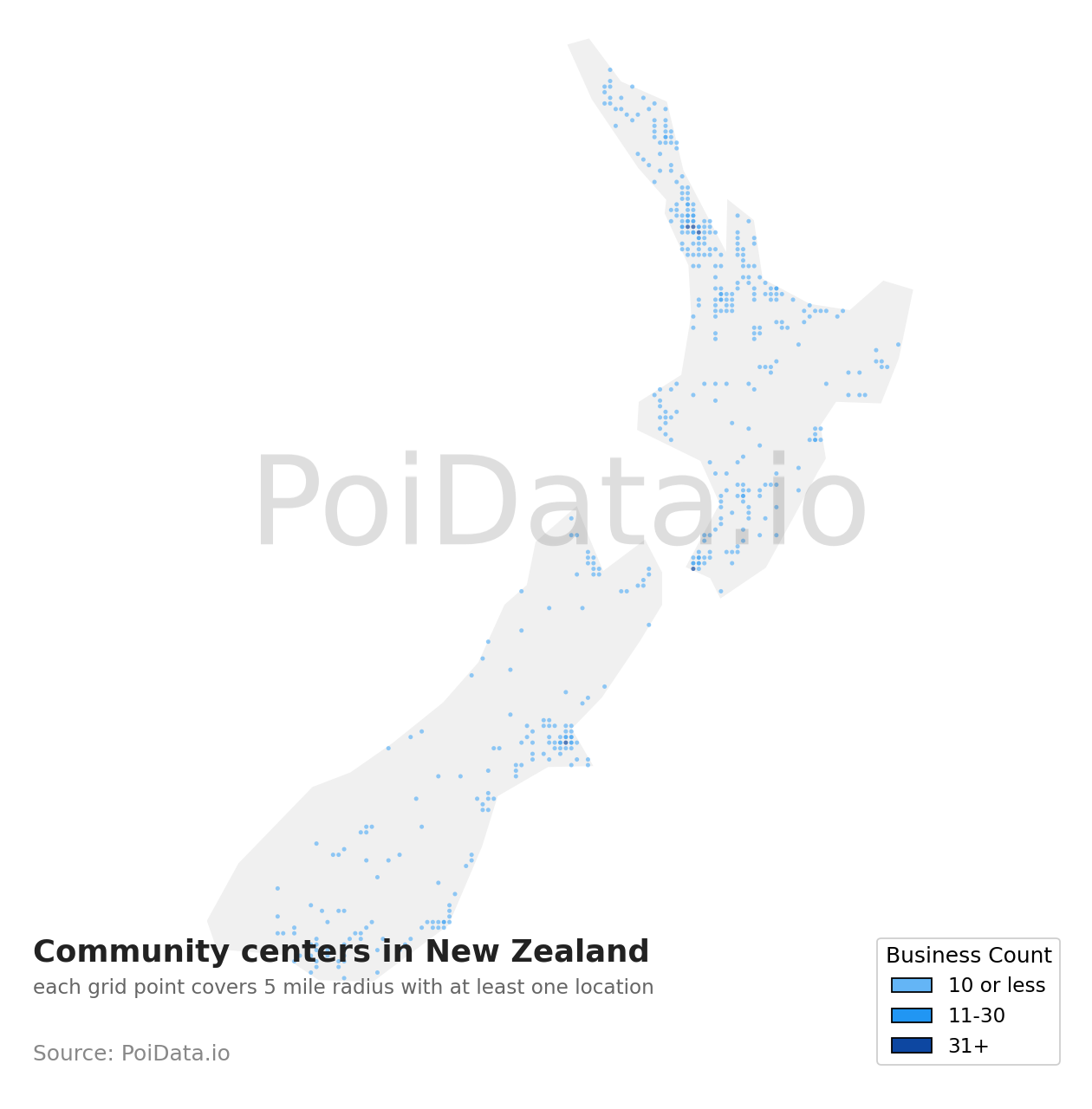 Community center density map for New Zealand