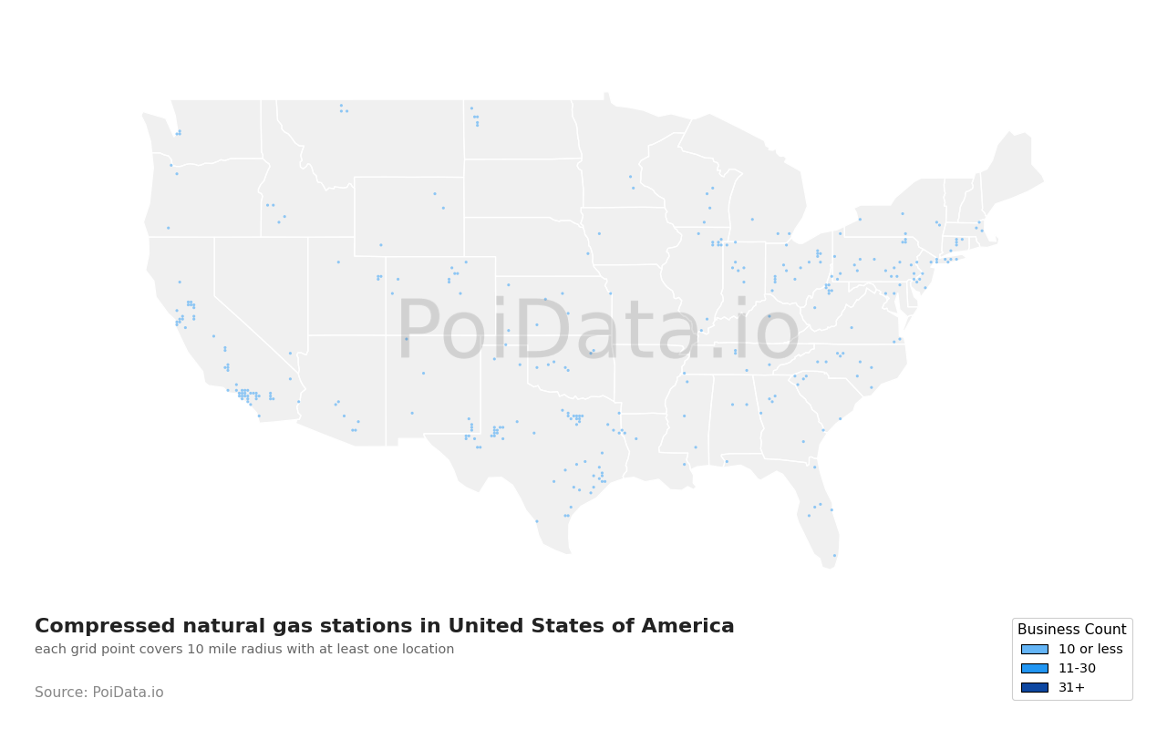 Compressed natural gas station density map for United States