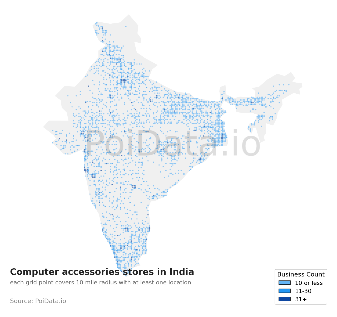 Computer accessories store density map for India