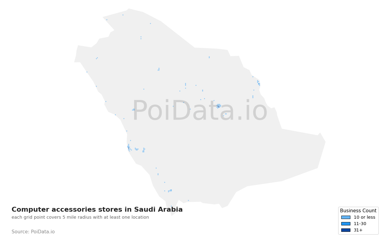 Computer accessories store density map for Saudi Arabia