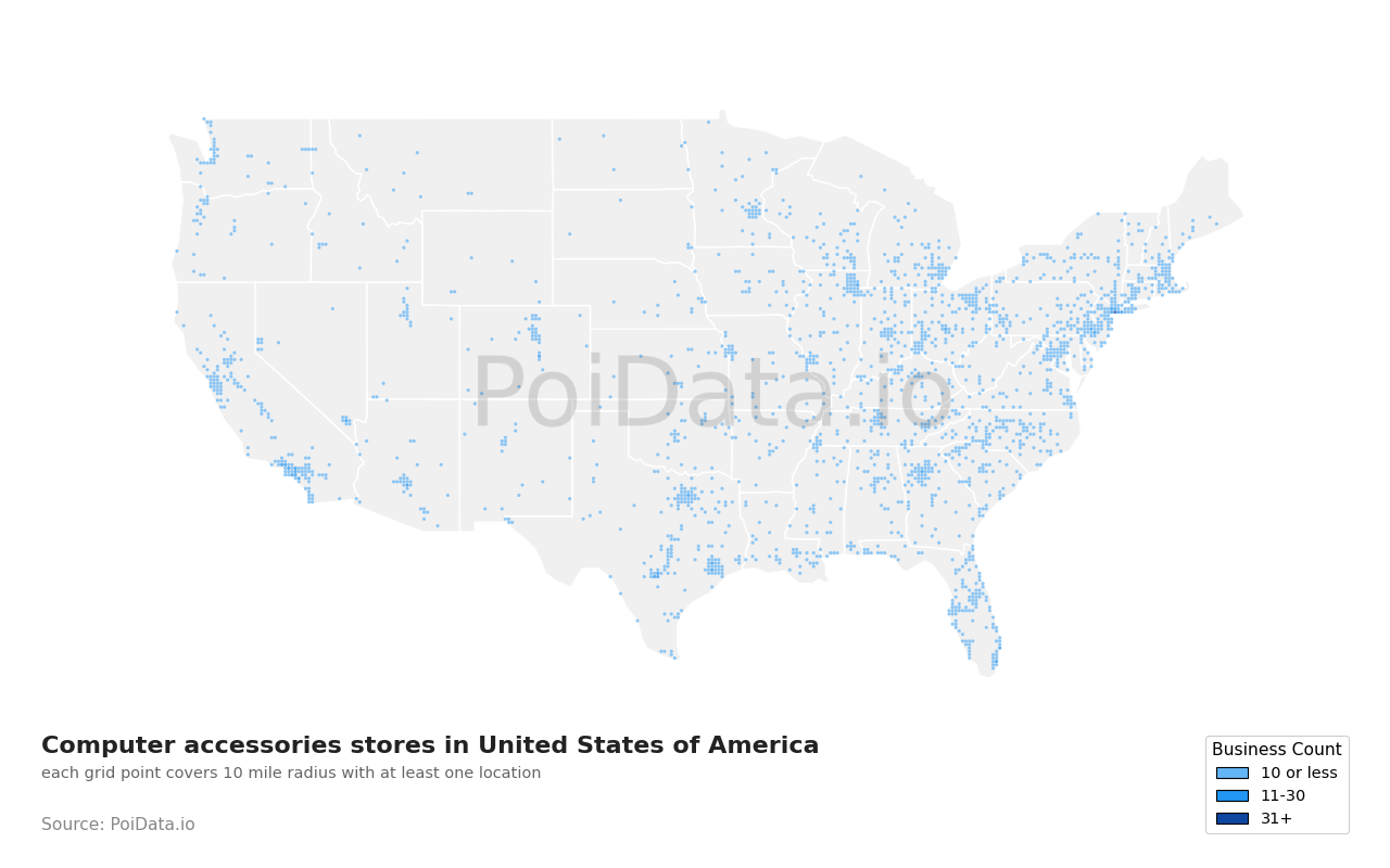 Computer accessories store density map for United States