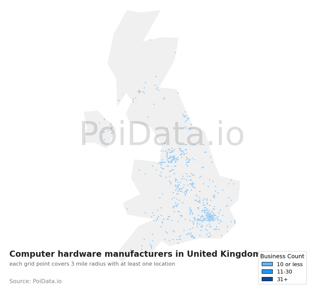 Computer hardware manufacturer density map for United Kingdom