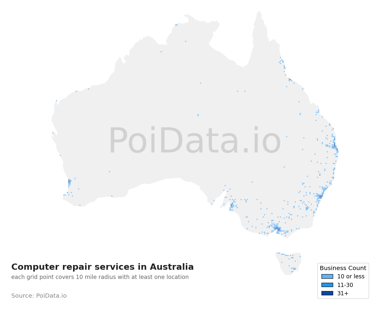 Computer repair service density map for ACT, Australia