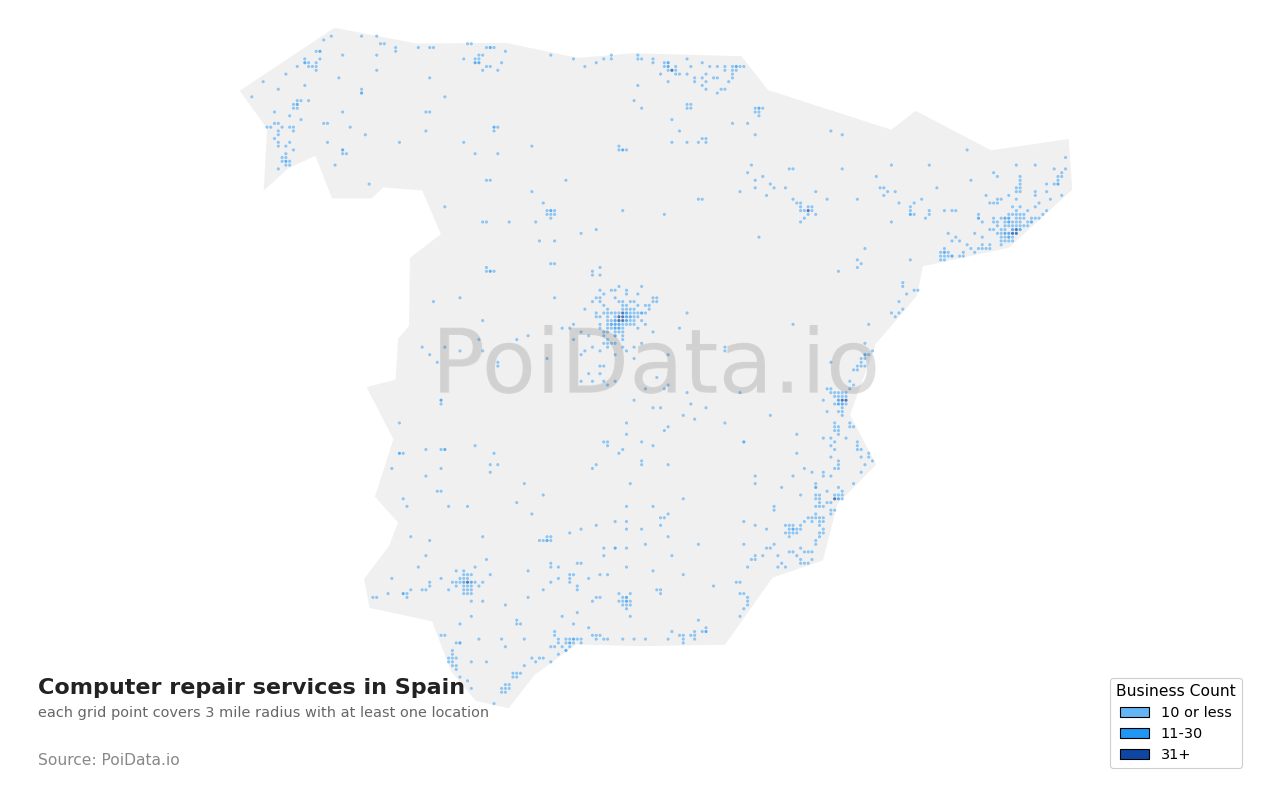 Computer repair service density map for Spain