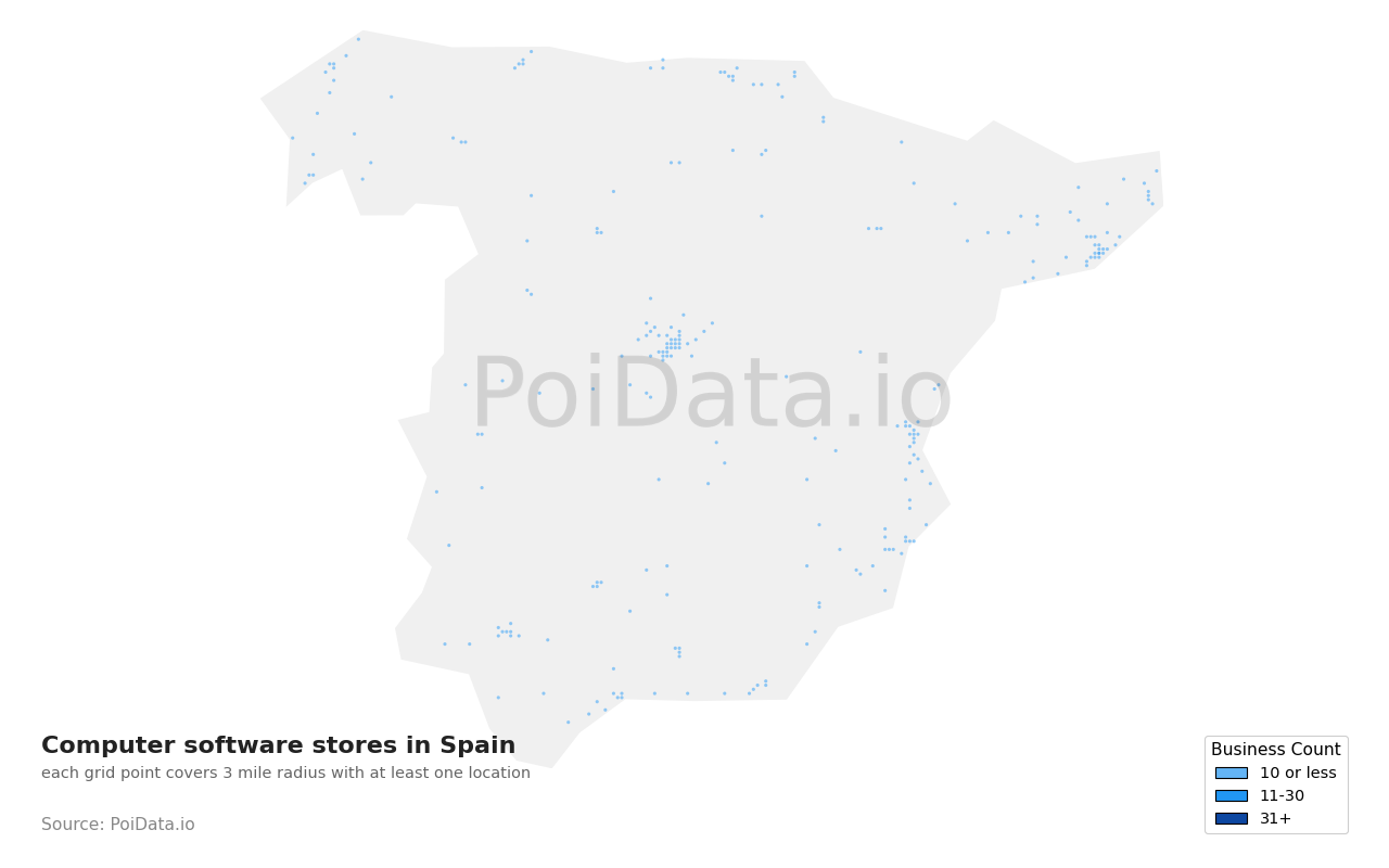 Computer software store density map for Spain