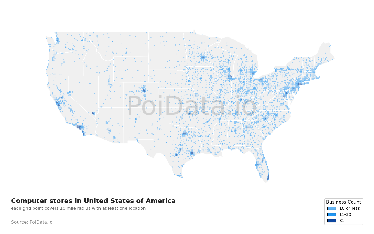 Computer store density map for Massachusetts, United States