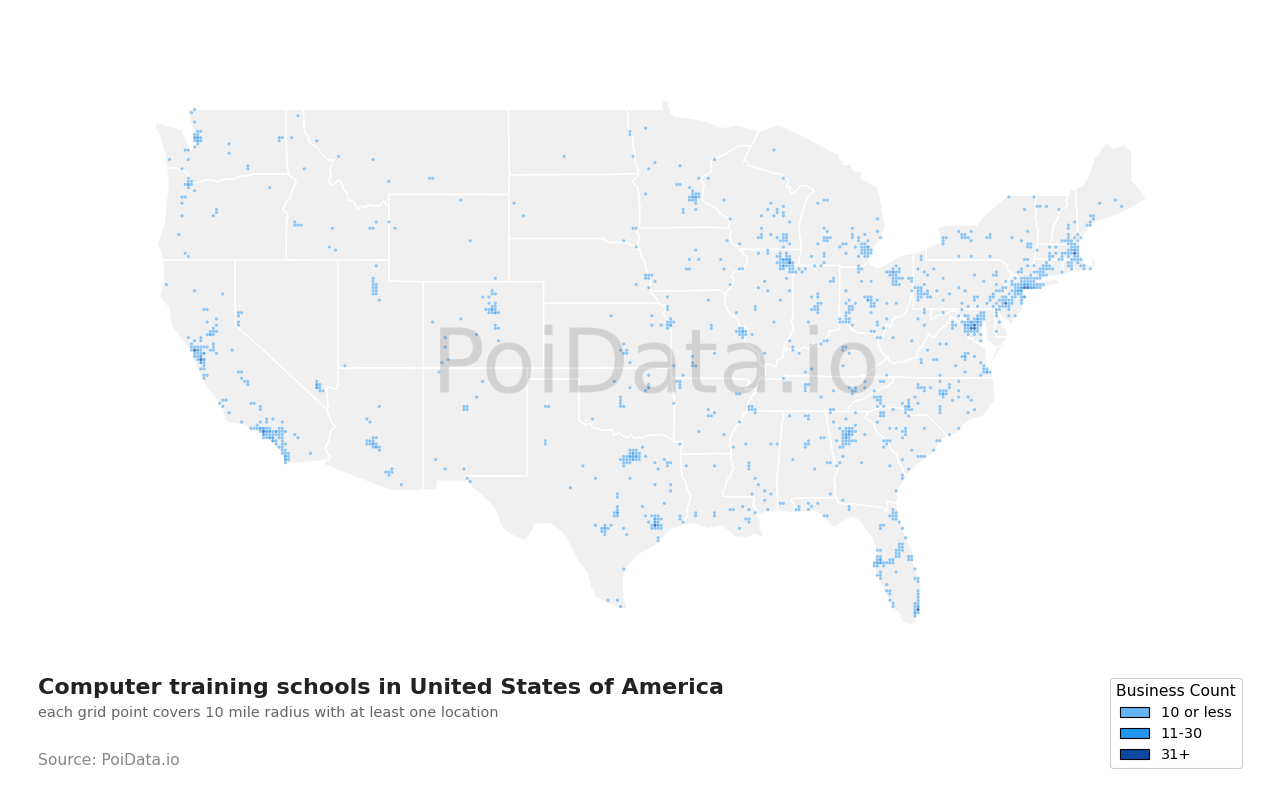 Computer training school density map for West Virginia, United States
