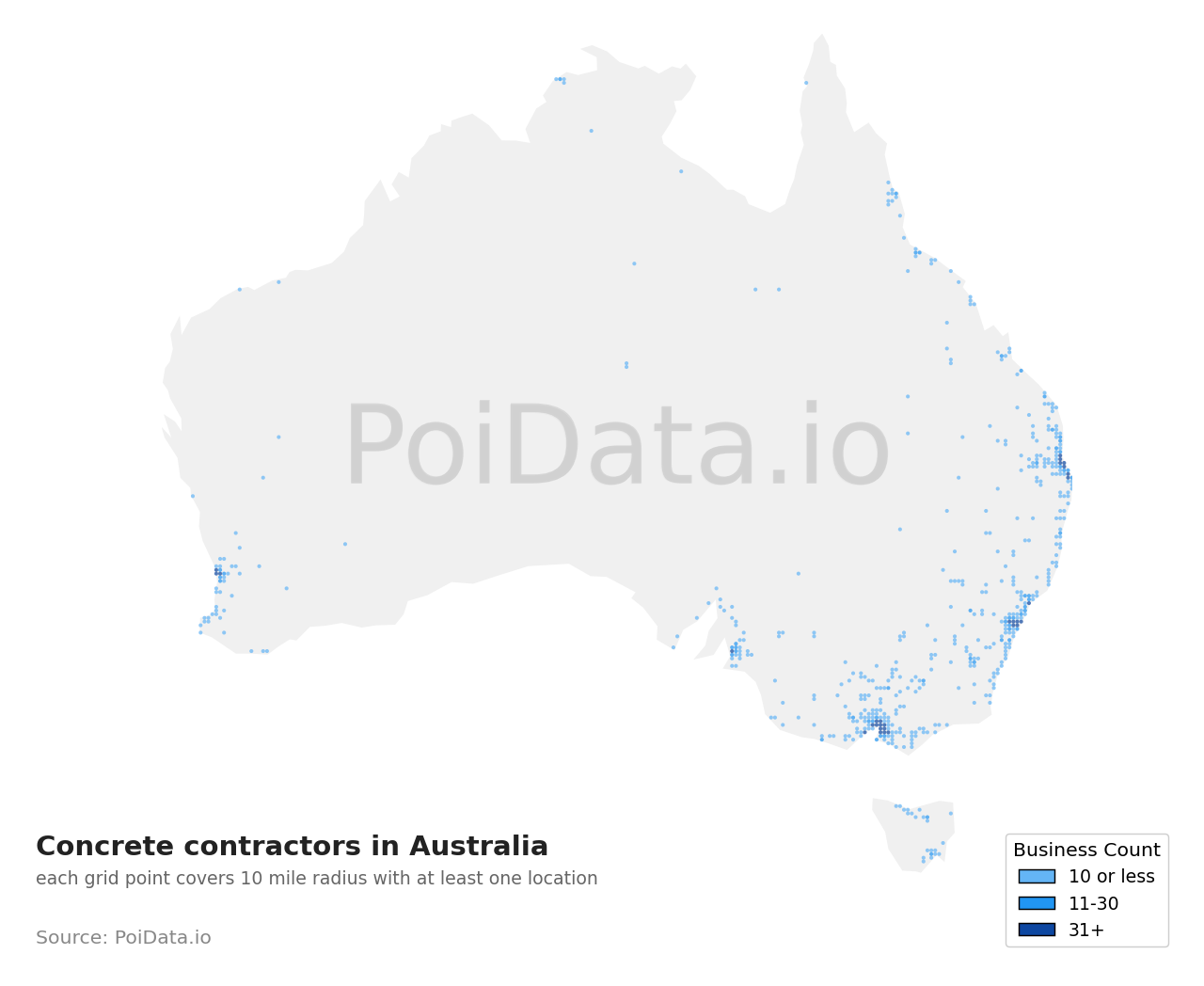 Concrete contractor density map for TAS, Australia