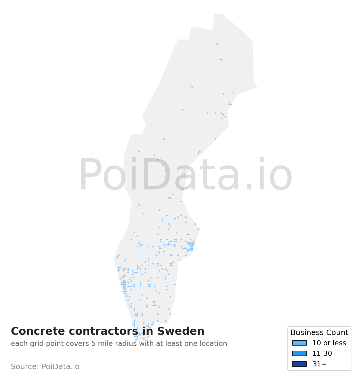 Concrete contractor density map for Sweden
