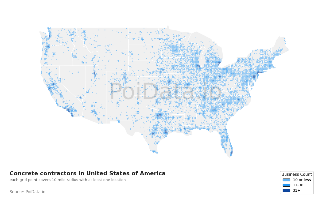 Concrete contractor density map for Florida, United States