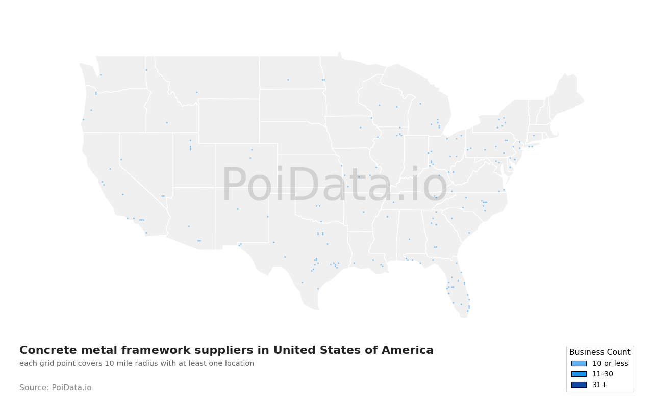 Concrete metal framework supplier density map for Florida, United States