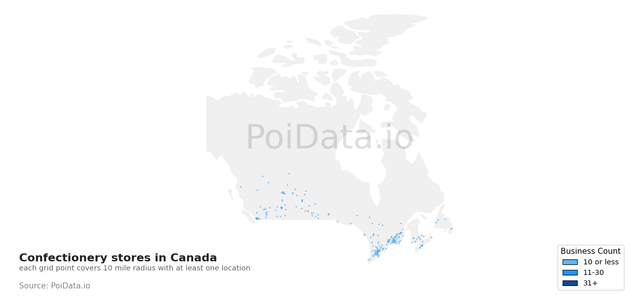 Confectionery store density map for New Brunswick, Canada
