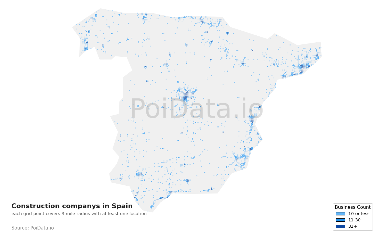 Construction company density map for Spain