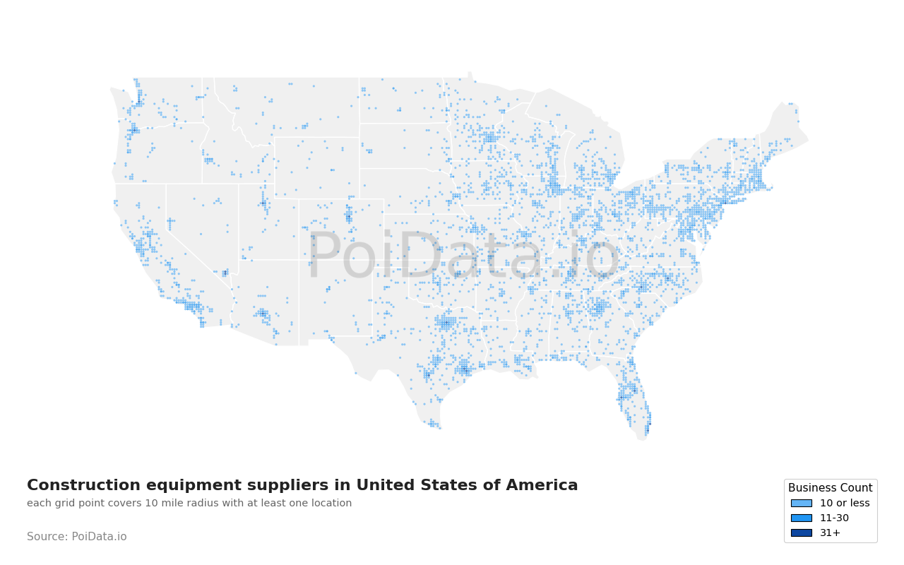 Construction equipment supplier density map for California, United States