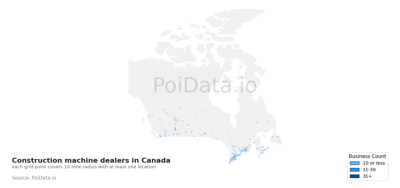 Construction machine dealer density map for Canada