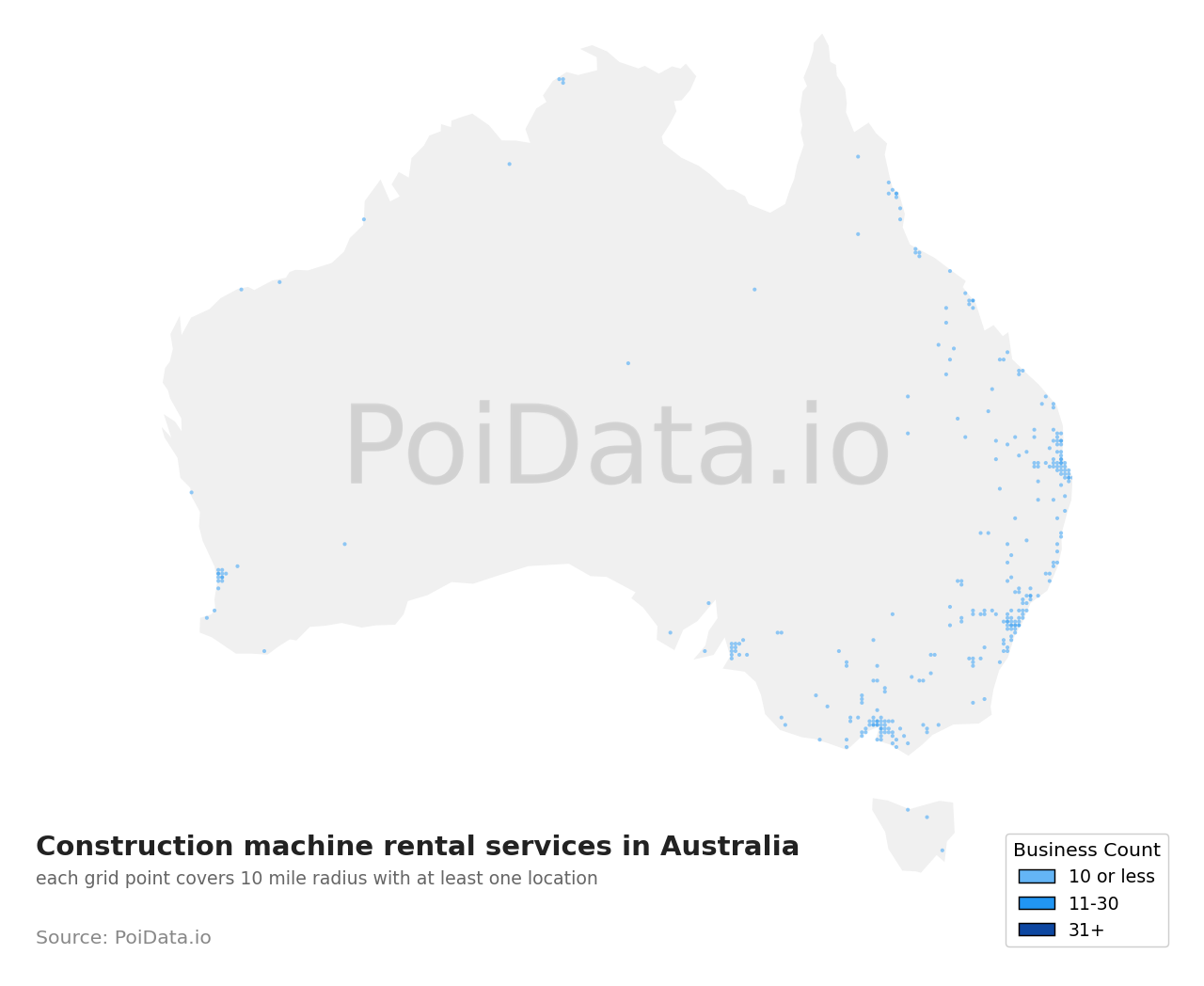 Construction machine rental service density map for Australia