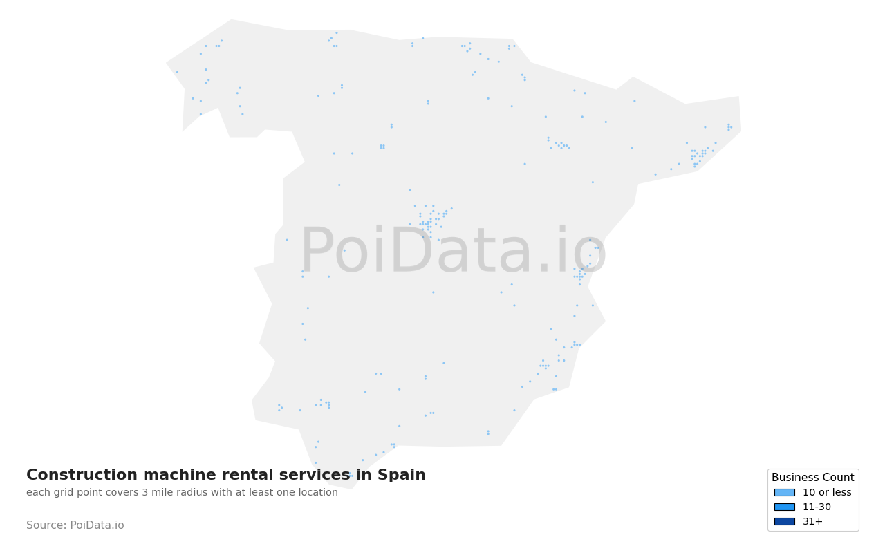 Construction machine rental service density map for Spain