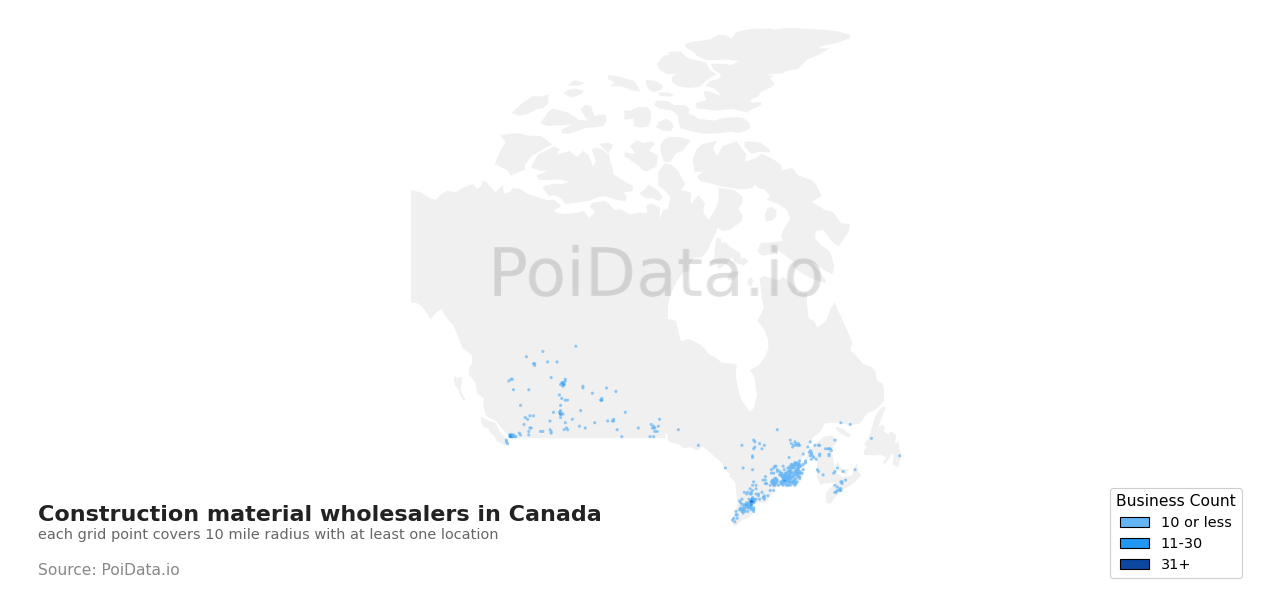 Construction material wholesaler density map for Quebec, Canada