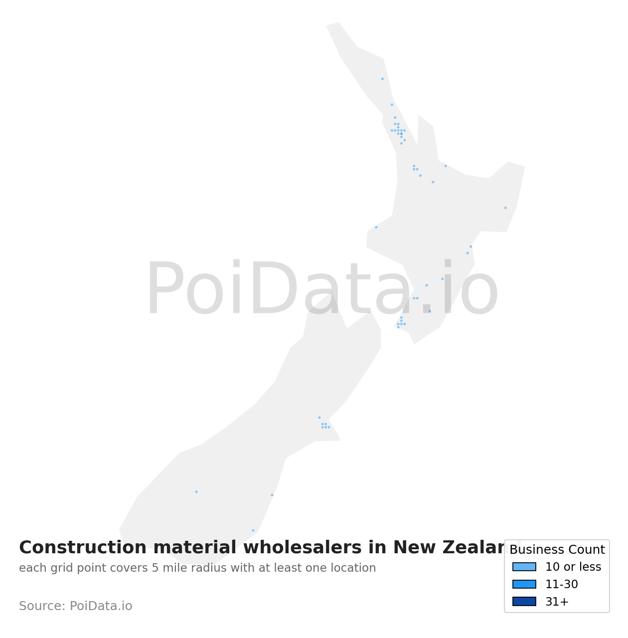 Construction material wholesaler density map for New Zealand