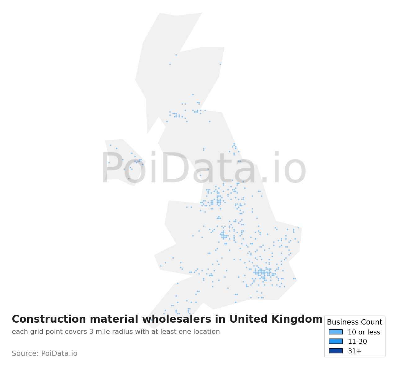 Construction material wholesaler density map for United Kingdom