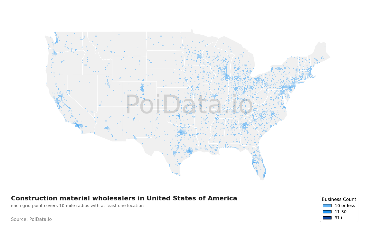 Construction material wholesaler density map for Florida, United States
