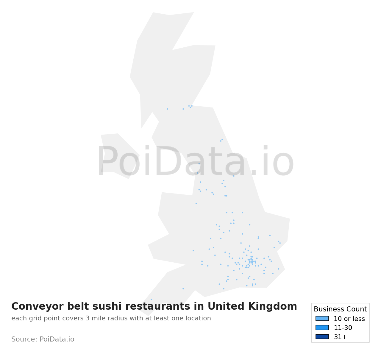 Conveyor belt sushi restaurant density map for United Kingdom