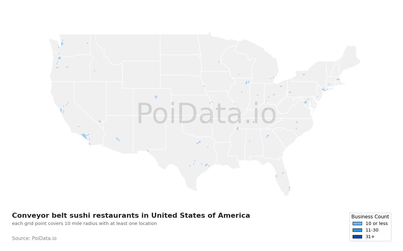 Conveyor belt sushi restaurant density map for United States