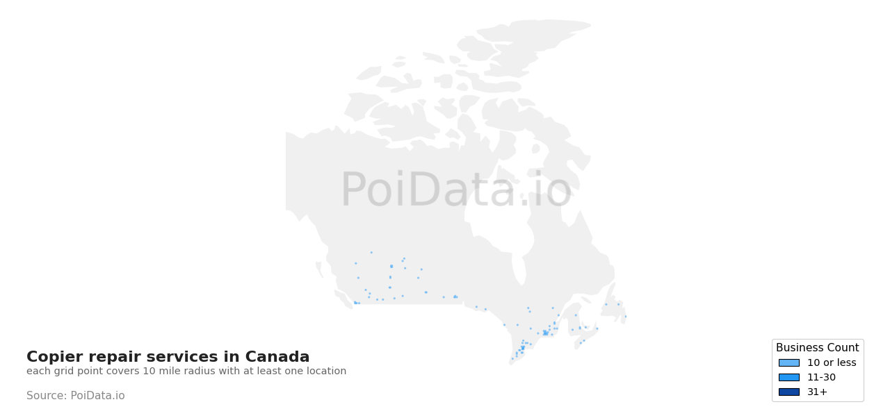 Copier repair service density map for Quebec, Canada