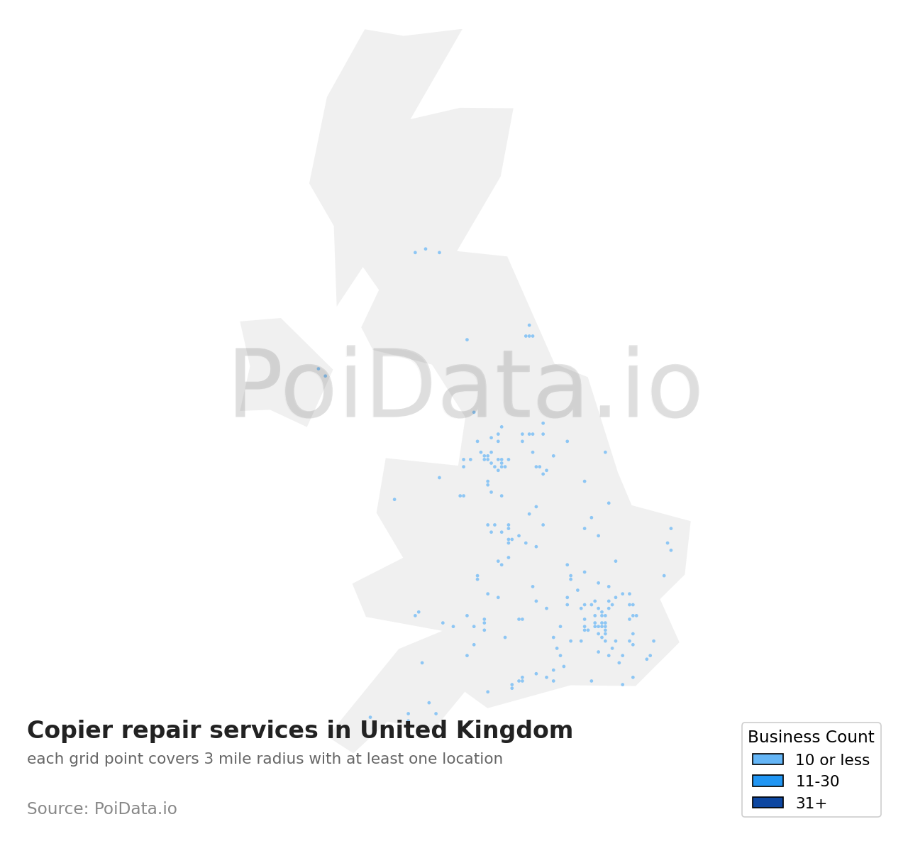Copier repair service density map for United Kingdom