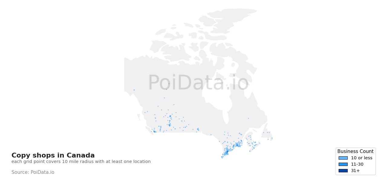 Copy shop density map for Manitoba, Canada