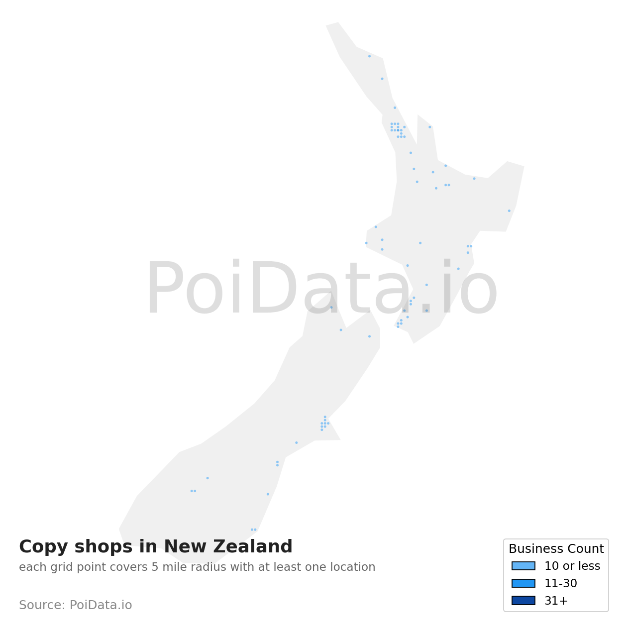 Copy shop density map for New Zealand