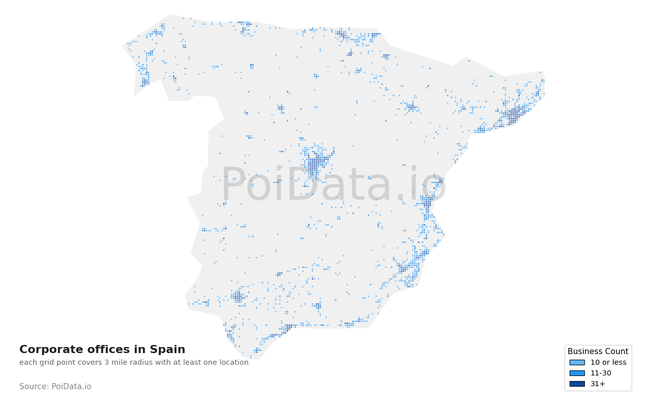 Corporate office density map for Spain