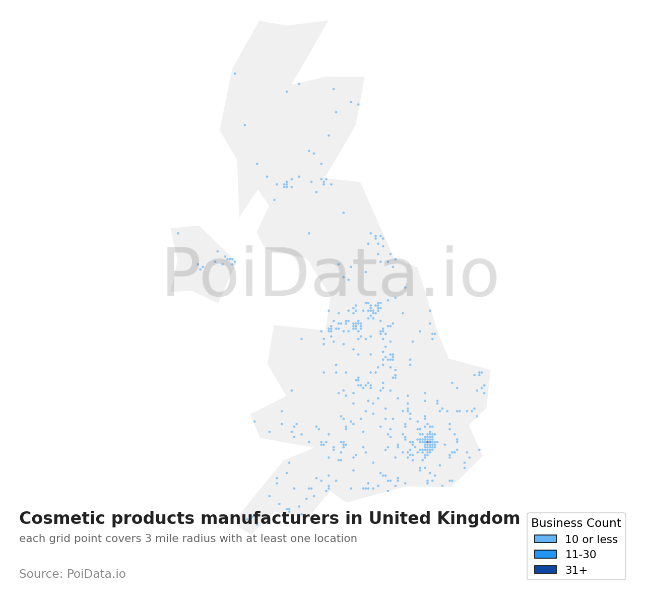 Cosmetic products manufacturer density map for United Kingdom