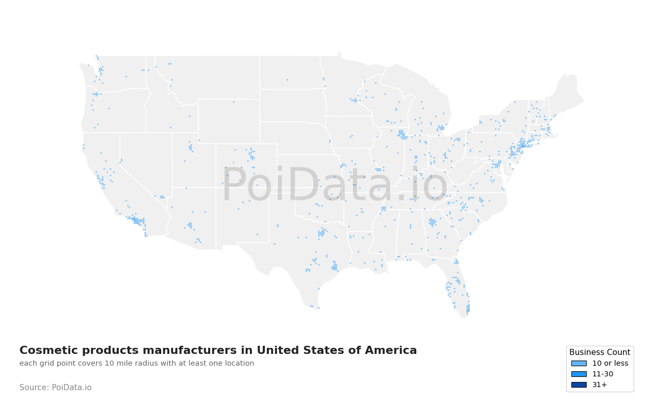 Cosmetic products manufacturer density map for Florida, United States