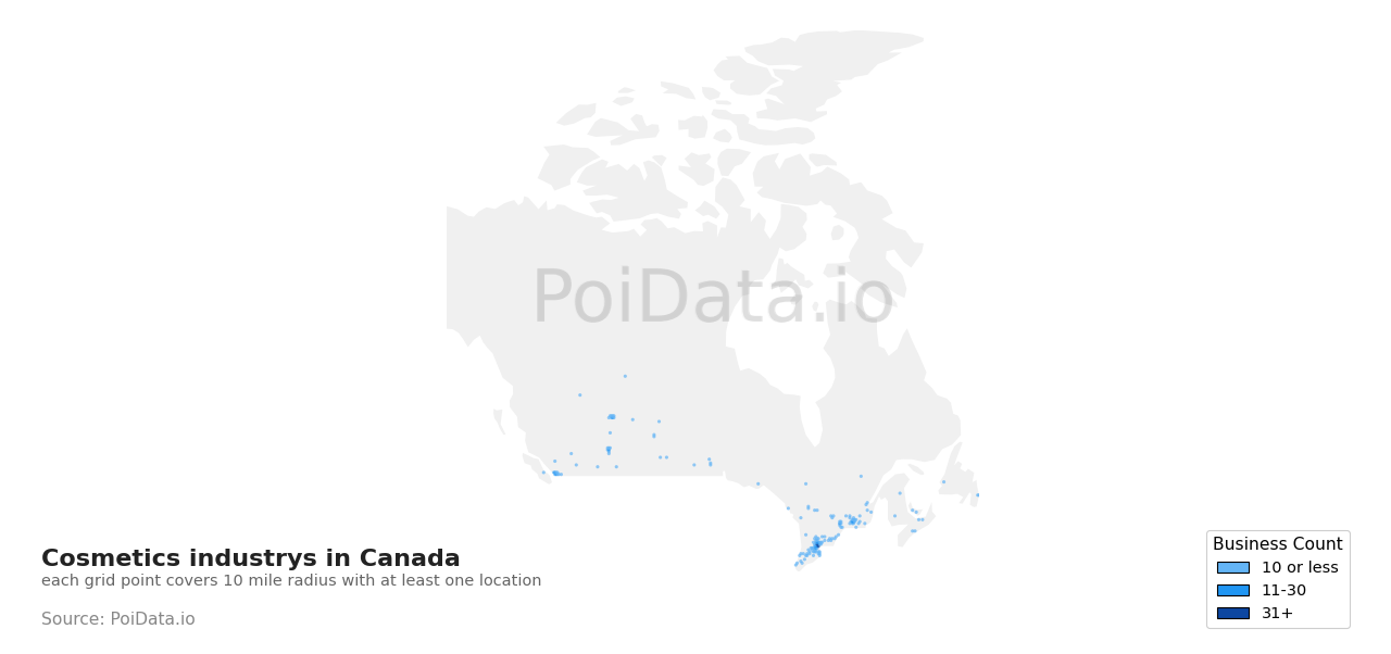 Cosmetics industry density map for Quebec, Canada
