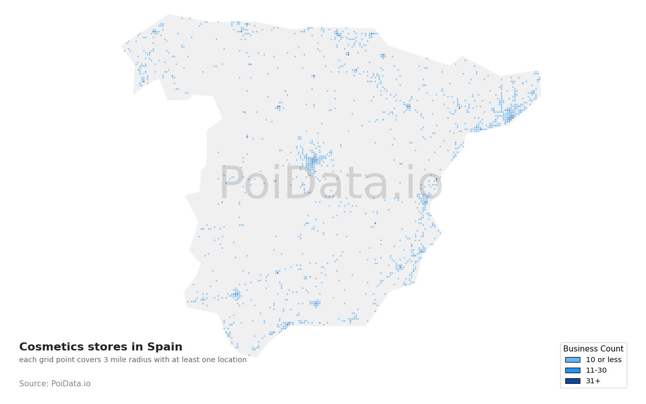 Cosmetics store density map for Spain