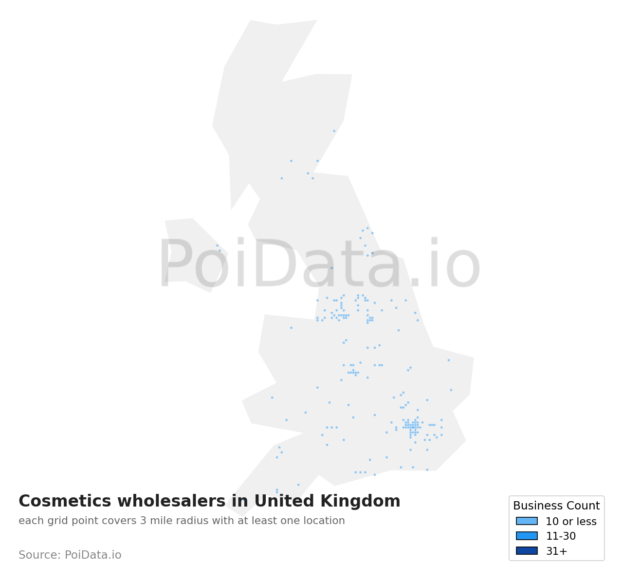 Cosmetics wholesaler density map for United Kingdom