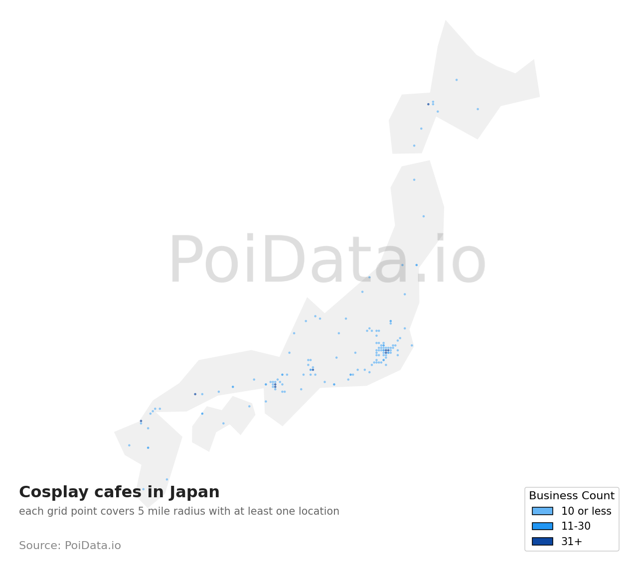 Cosplay cafe density map for Japan