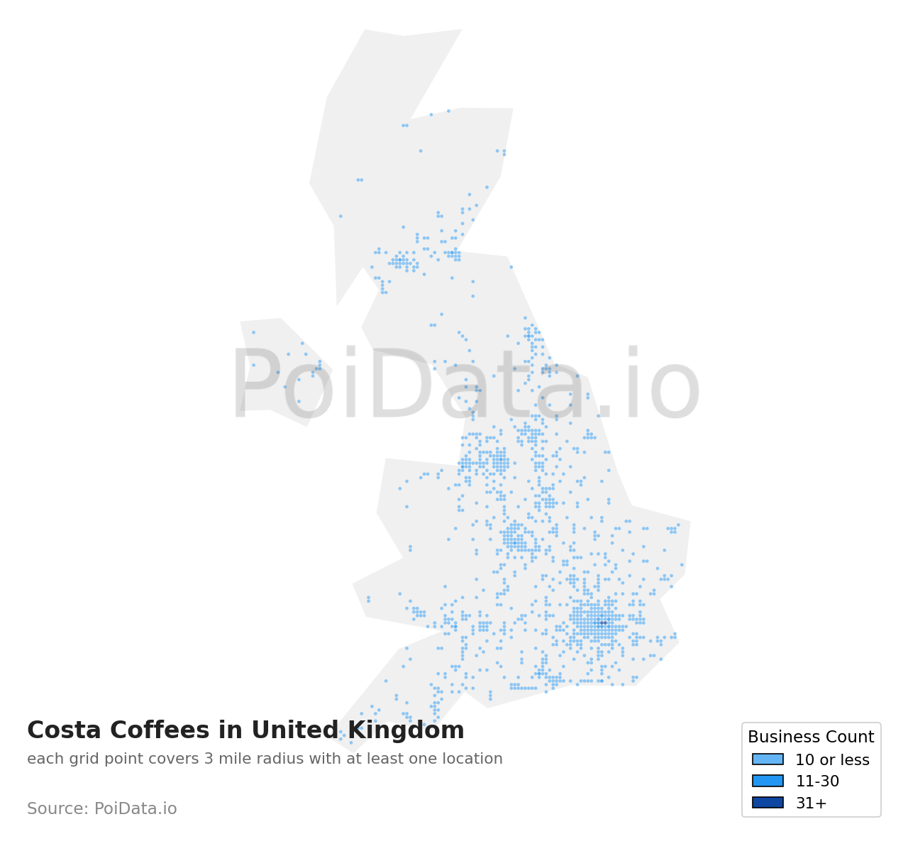 Costa Coffee density map for United Kingdom