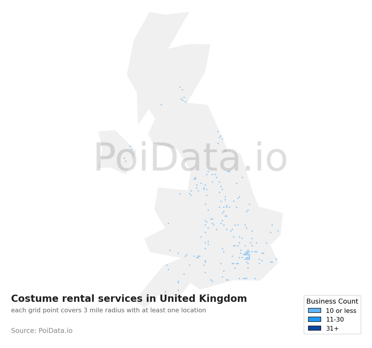 Costume rental service density map for United Kingdom