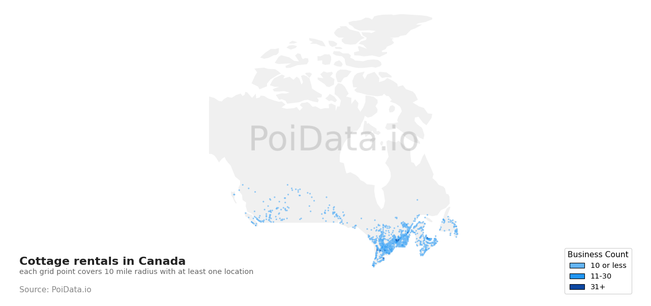 Cottage rental density map for Canada