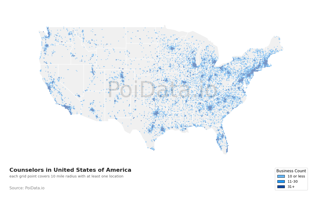 Counselor density map for Florida, United States