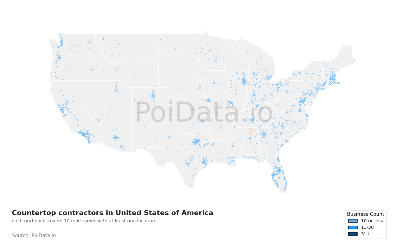 Countertop contractor density map for United States