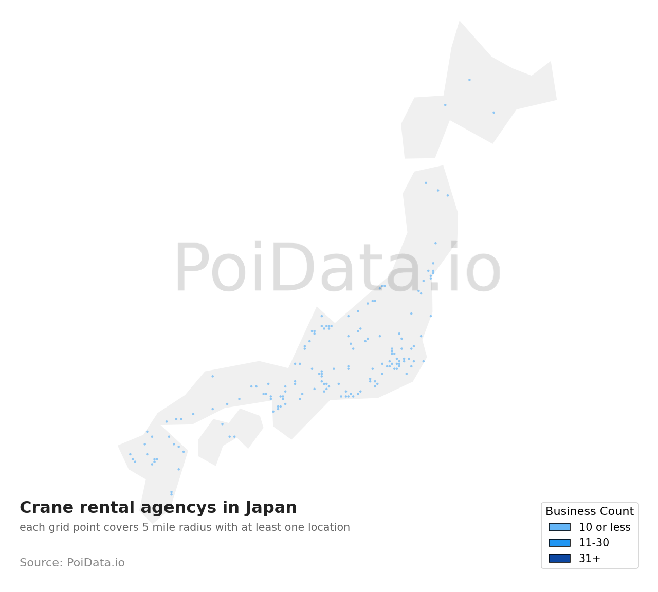 Crane rental agency density map for Japan