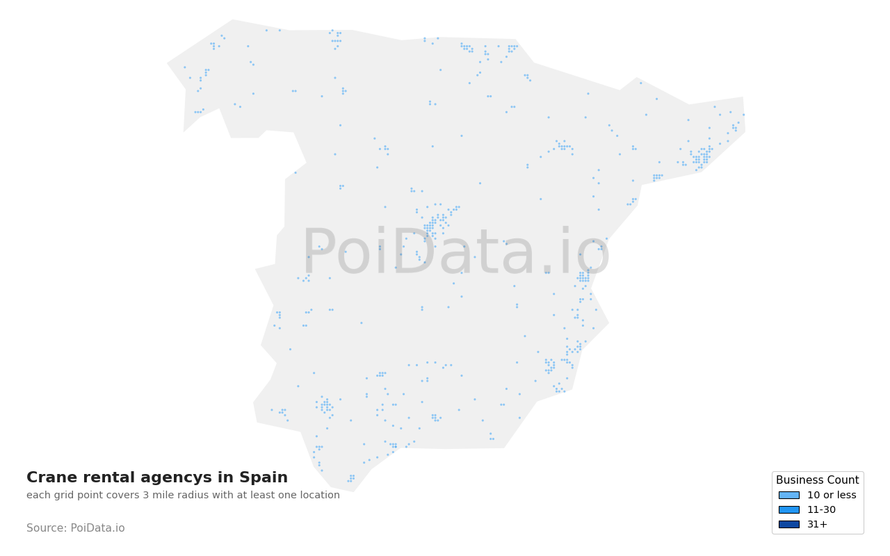 Crane rental agency density map for Spain