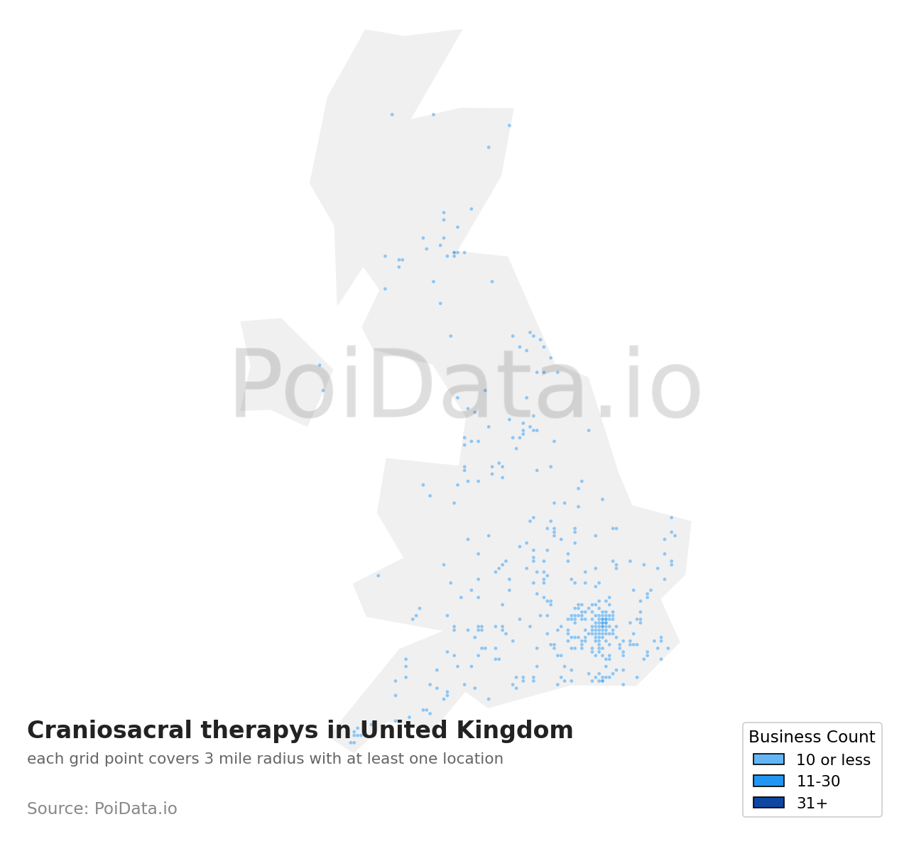 Craniosacral therapy density map for United Kingdom