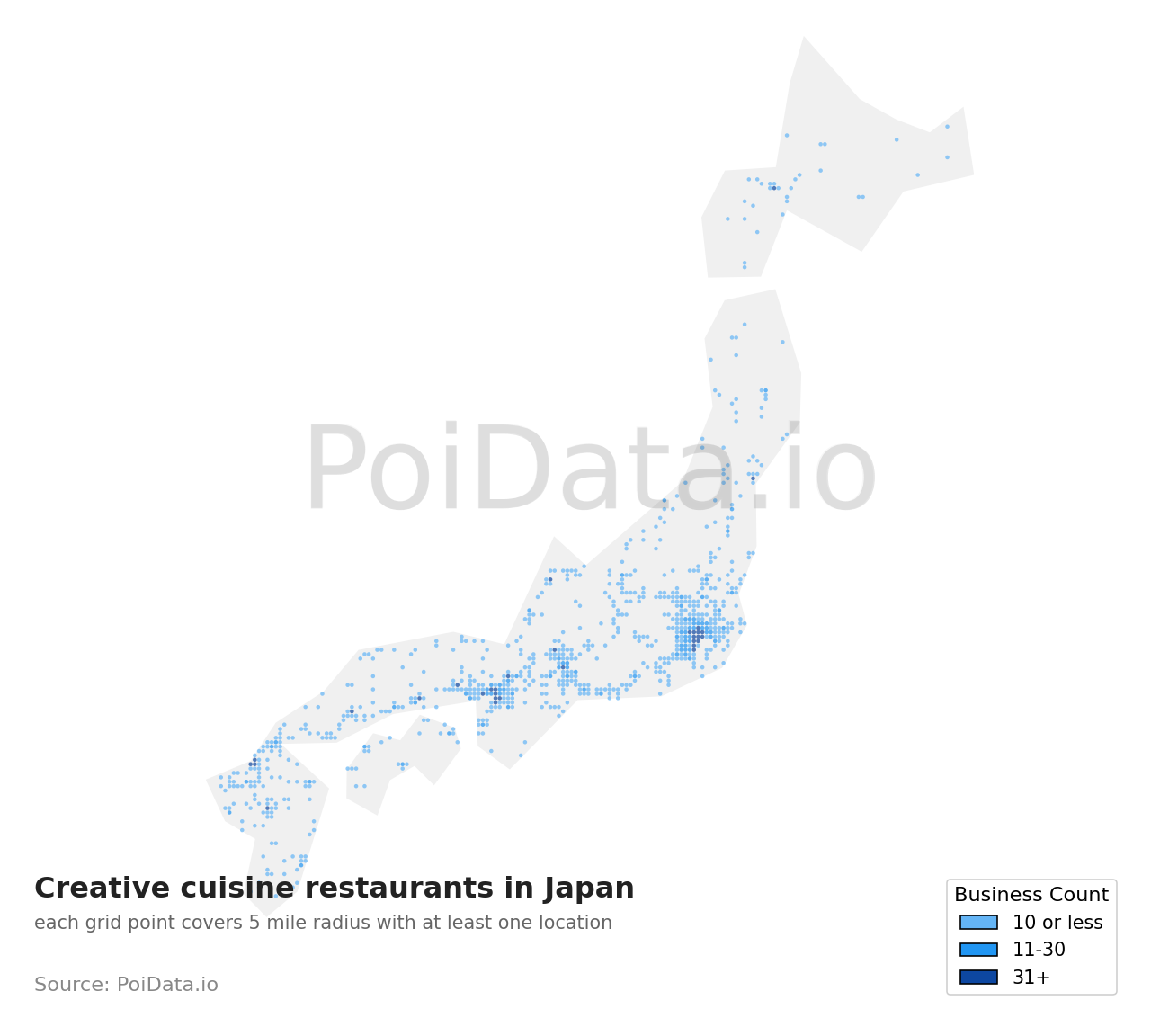 Creative cuisine restaurant density map for Japan