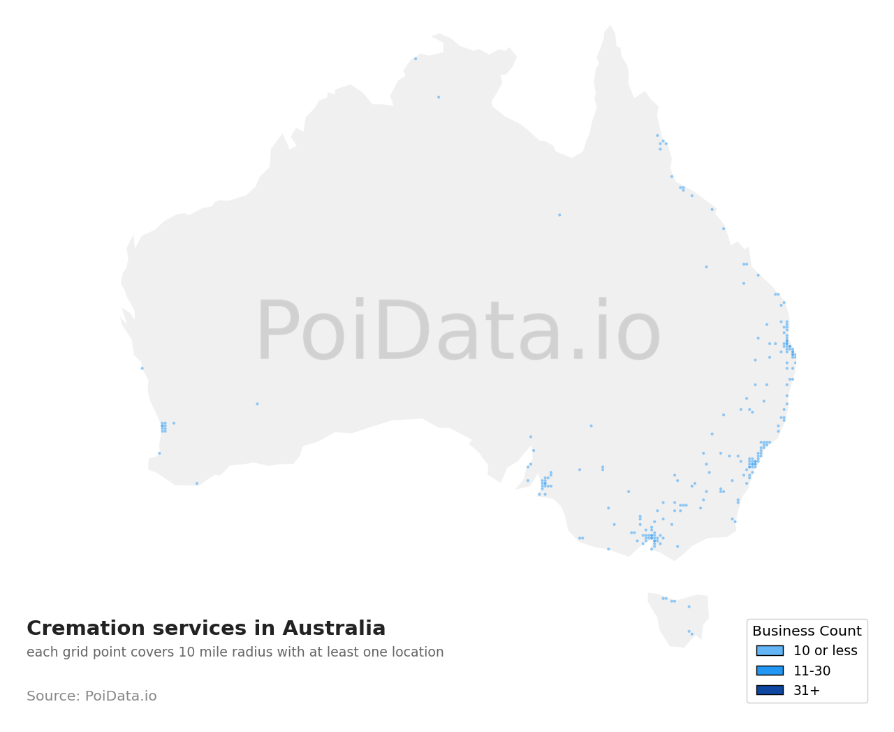 Cremation service density map for Australia