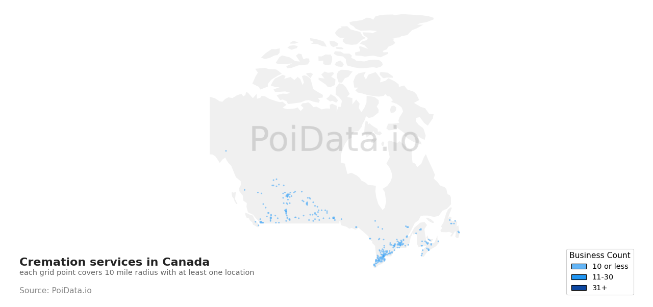 Cremation service density map for Canada