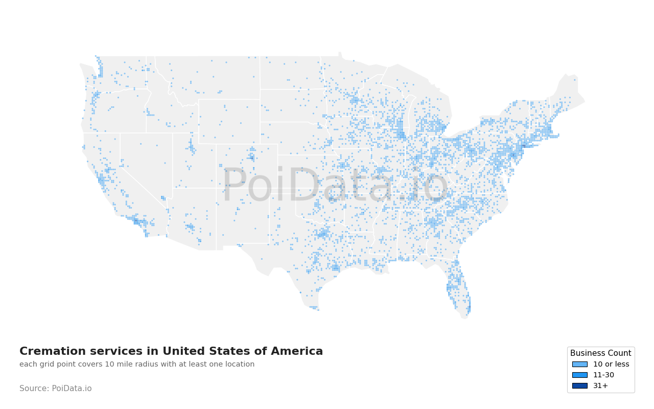 Cremation service density map for United States
